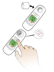 Three-step process for conducting an FEV1 test: Insert mouthpiece and switch on device, instruct patient to exhale 3 times, record best result.