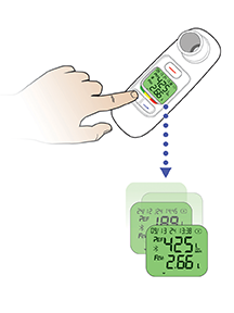 Three-step process for conducting an FEV1 test: Insert mouthpiece and switch on device, instruct patient to exhale 3 times, record best result.