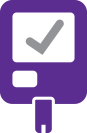 Icon of blood glucose meter with a check mark, showing blood glucose in a safe range.