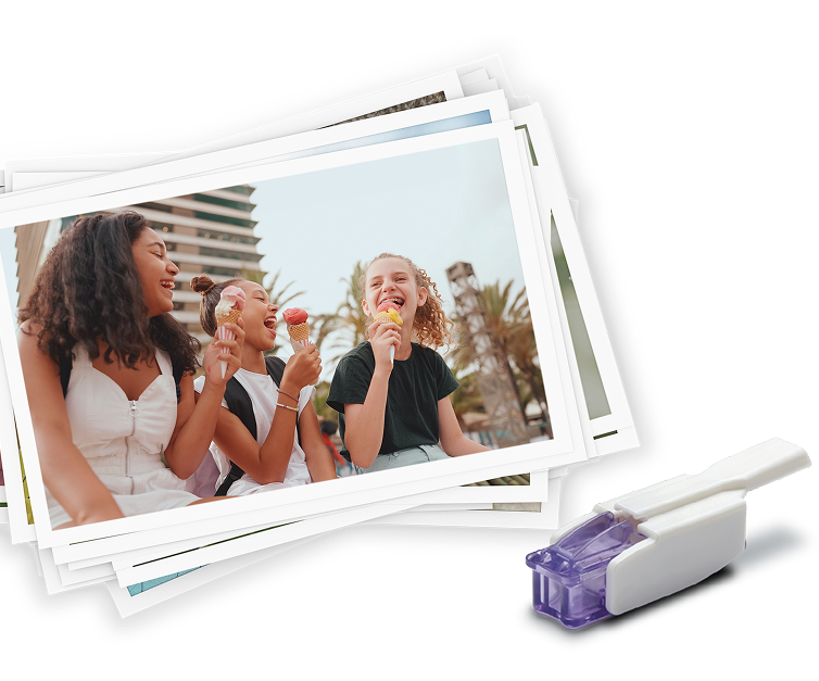 Three adults laughing together outdoors — lifestyle imagery for the AFREZZA brand campaign (mobile)