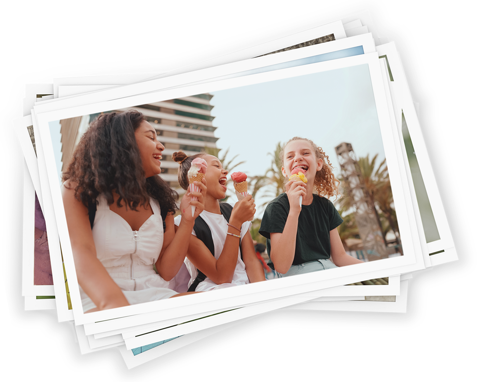 Three adults laughing together outdoors enjoying ice cream — lifestyle imagery for the AFREZZA brand campaign Insulin the Moment